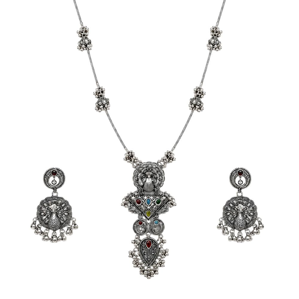 Dhanvika - Oxidised Silver Peacock Pendant Necklace Set