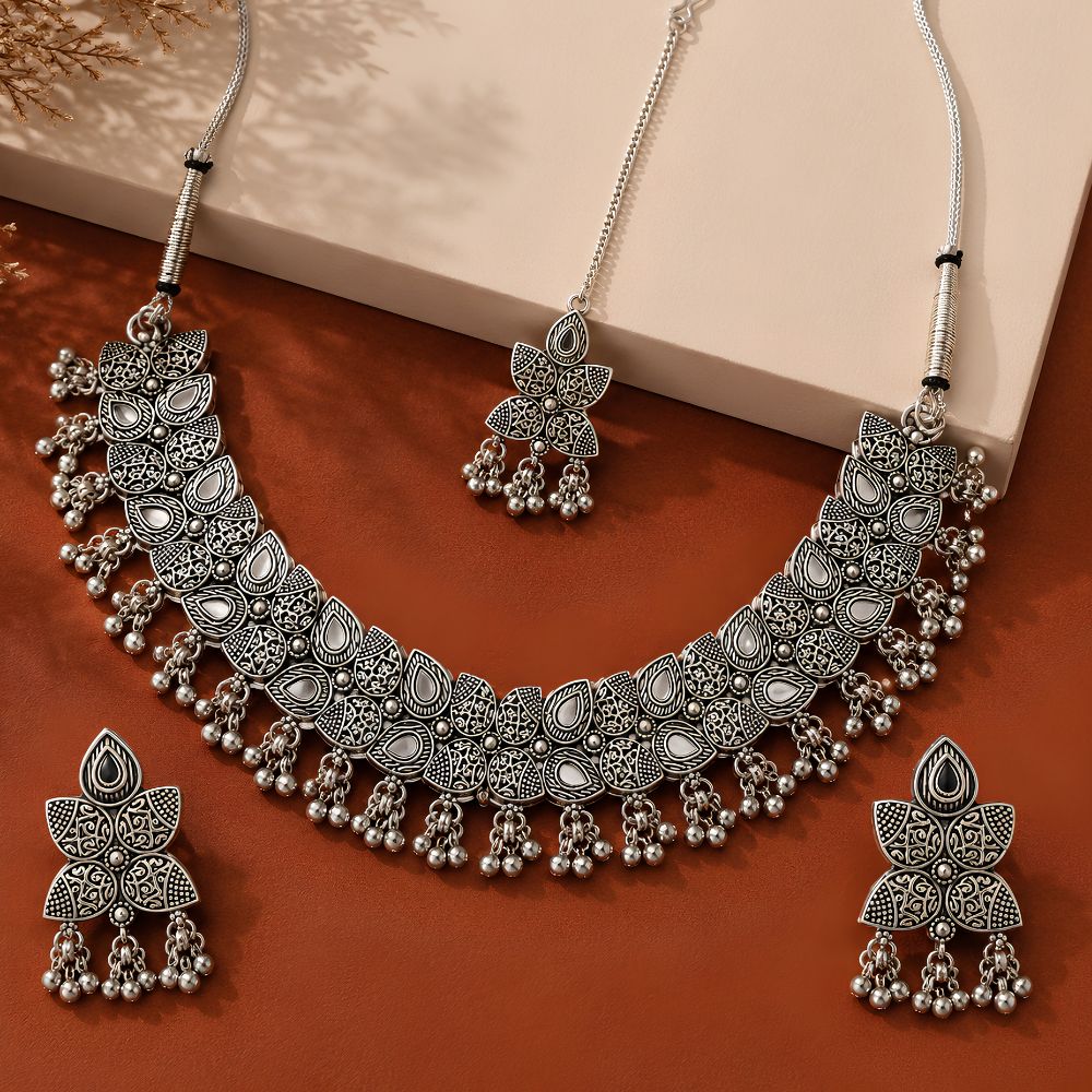 Evara- Oxidised Silver Floral Choker Jewellery Set