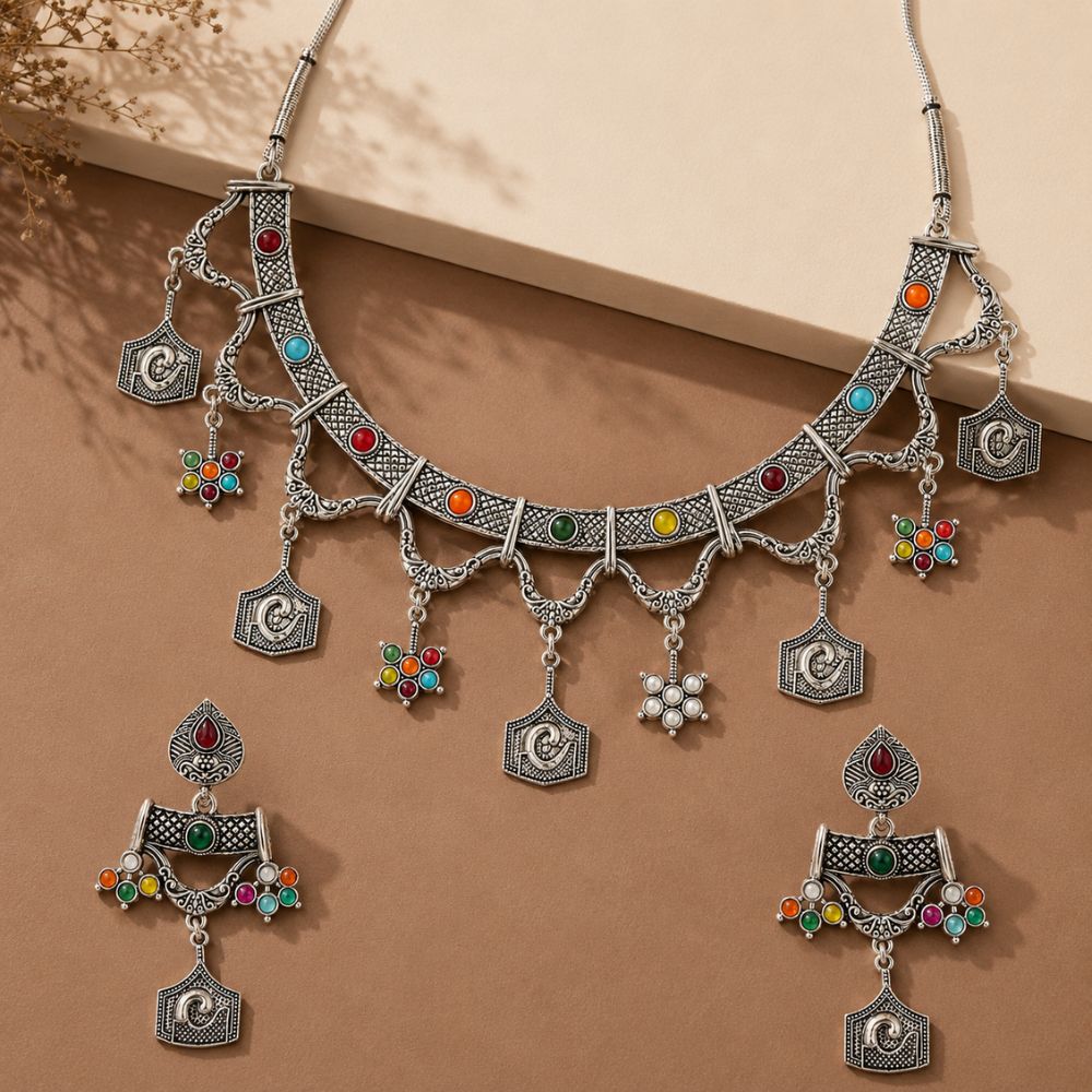 Tarishi- Oxidised Silver Multicolour Charm Necklace Set