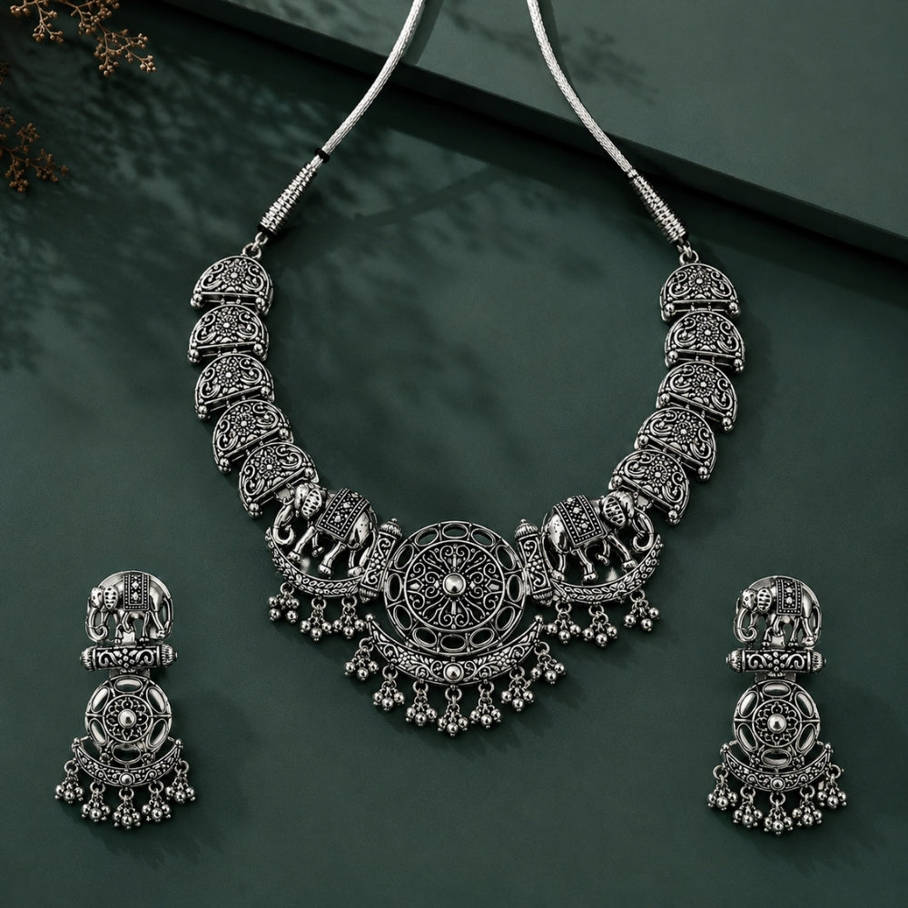 Vaelika- Oxidised Silver Elephant Necklace Set