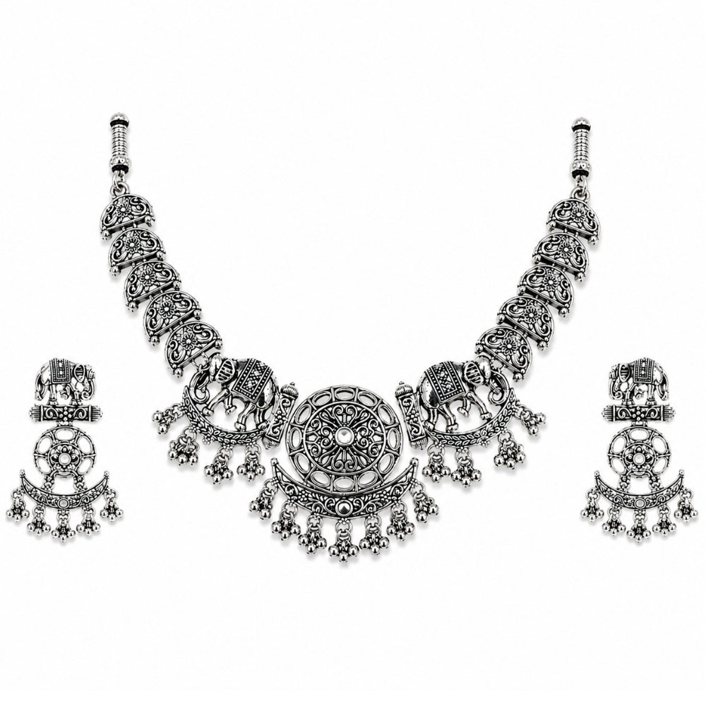 Vaelika- Oxidised Silver Elephant Necklace Set