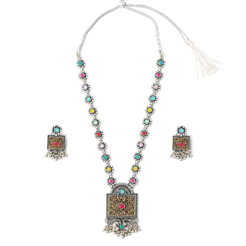 Gargee- Oxidised Silver Multicolour Necklace Set