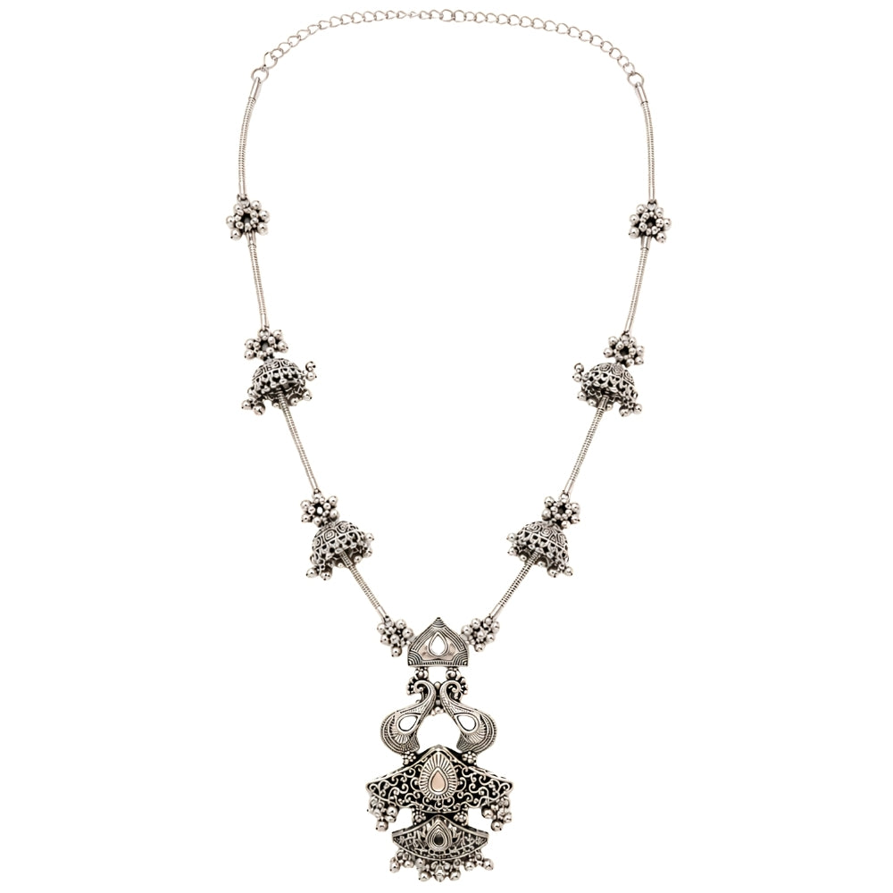 Bhavana- Oxidised Silver Peacock Long Necklace Set