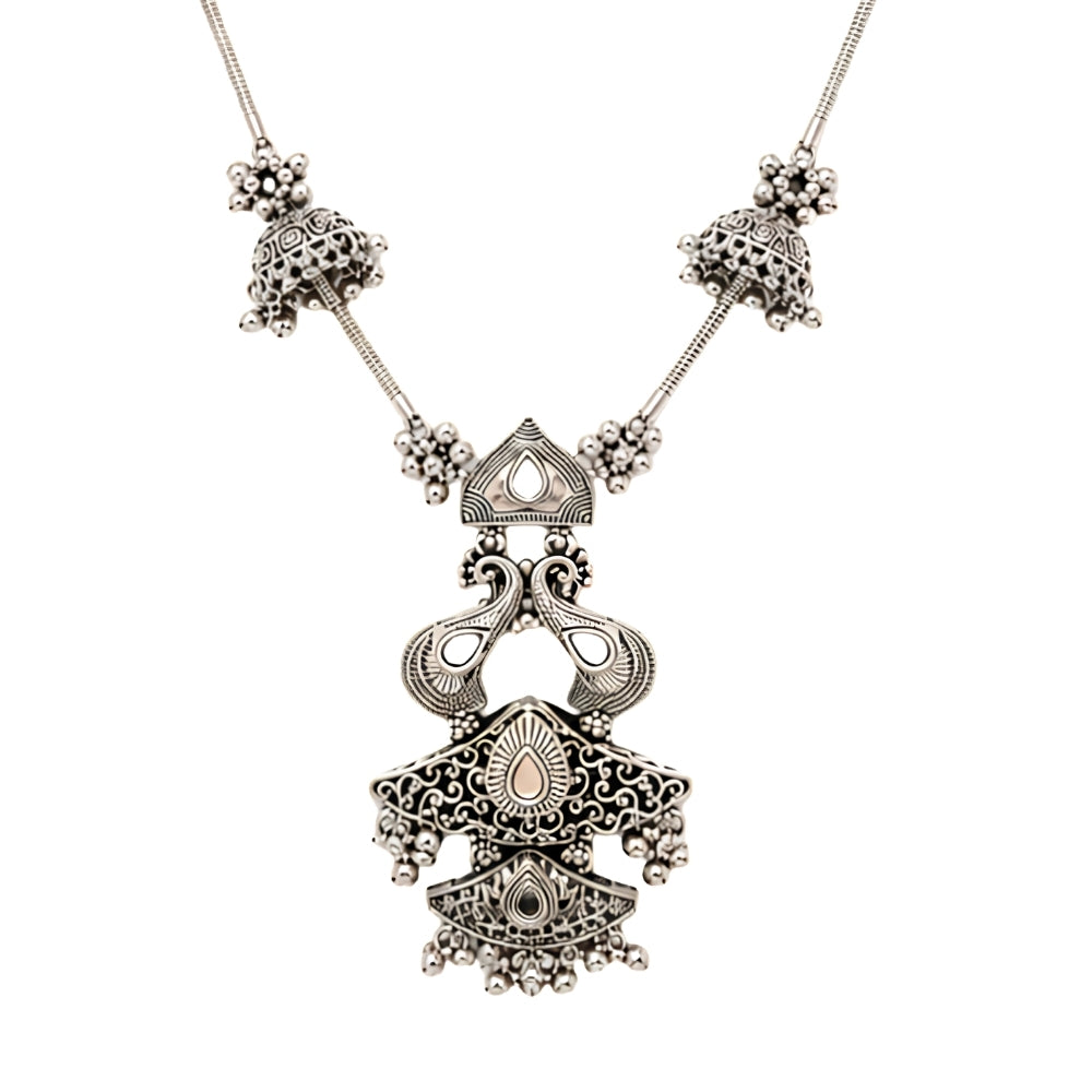 Bhavana- Oxidised Silver Peacock Long Necklace Set