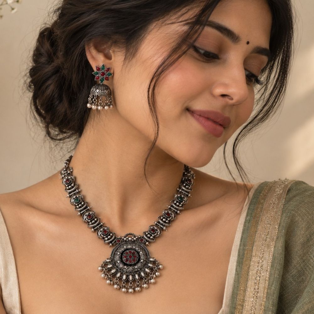 Dakshina- Oxidised Silver Multicolour Pendant Necklace Set