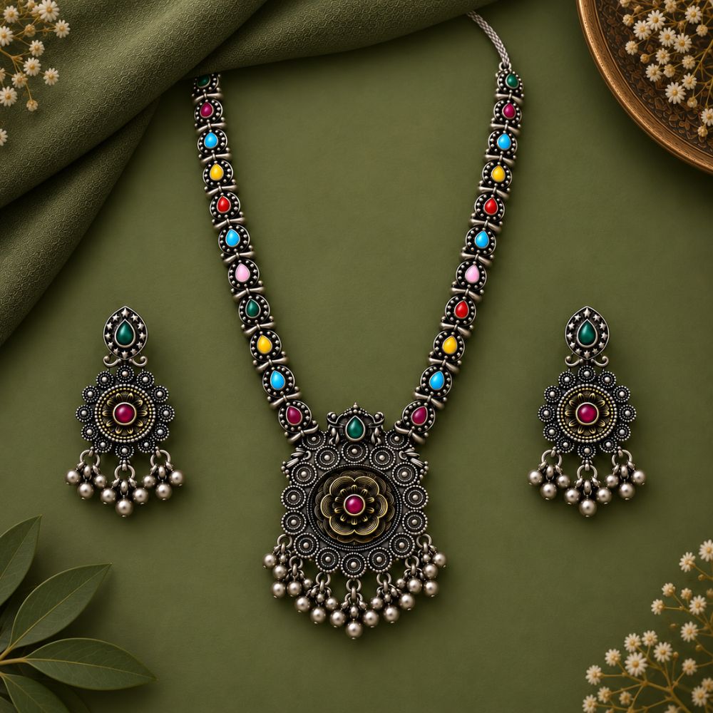 Trishika- Oxidised Silver Multicolour Necklace Set