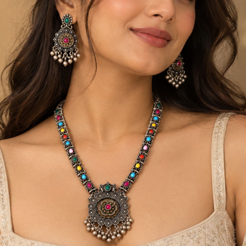 Trishika- Oxidised Silver Multicolour Necklace Set