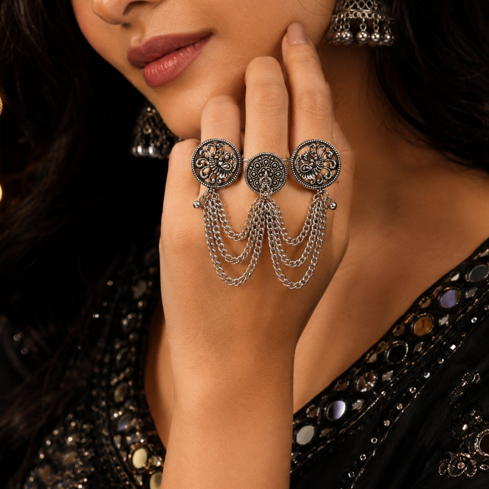 Aryahi- Oxidised Peacock Chain Statement Ring