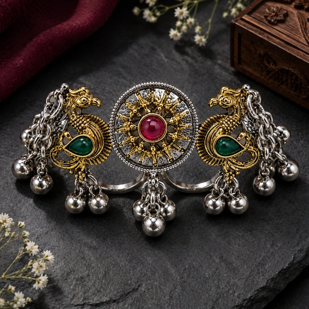 Shreeni-Oxidised Dual Peacock Statement Ring