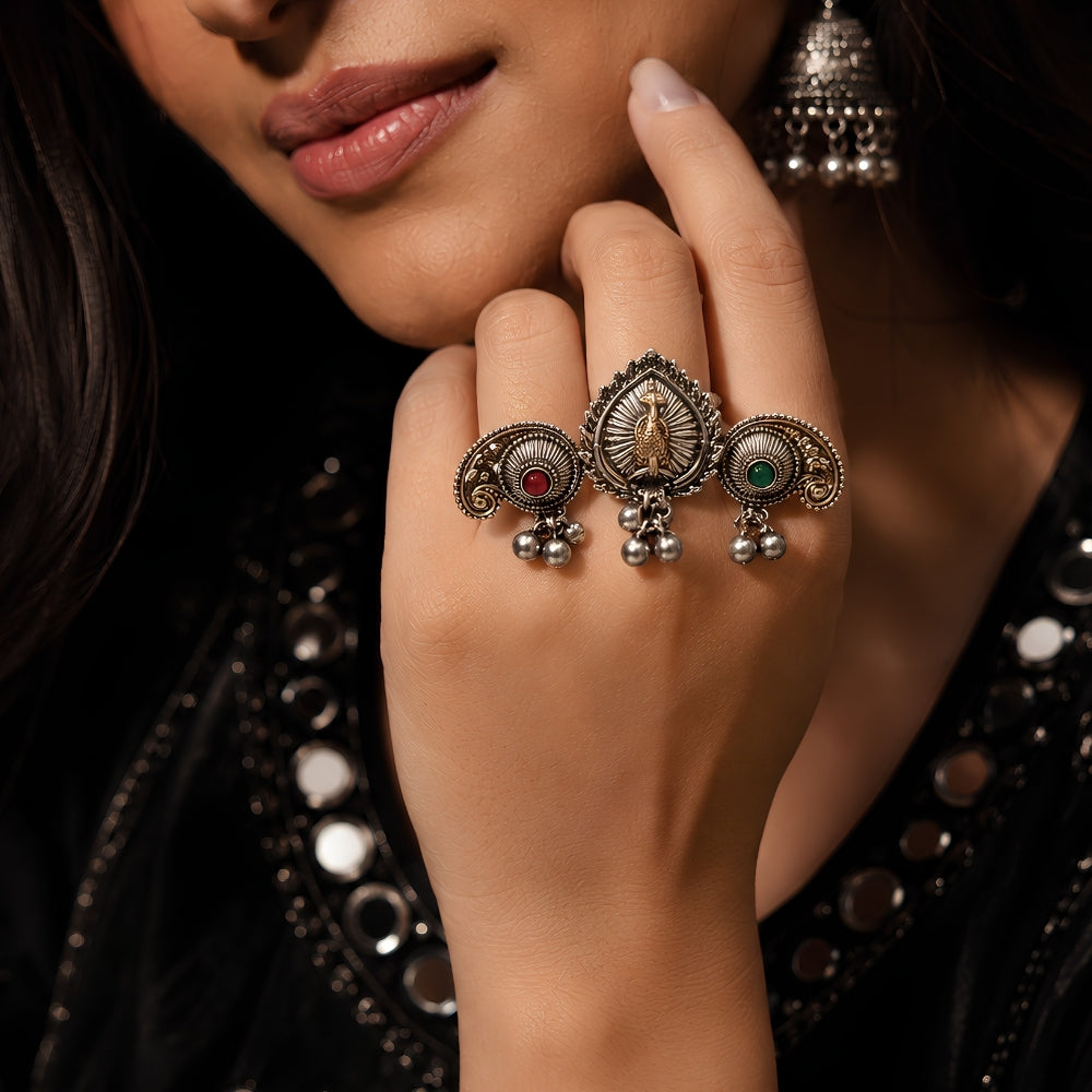 Akshita- Oxidised Peacock Motif Statement Ring