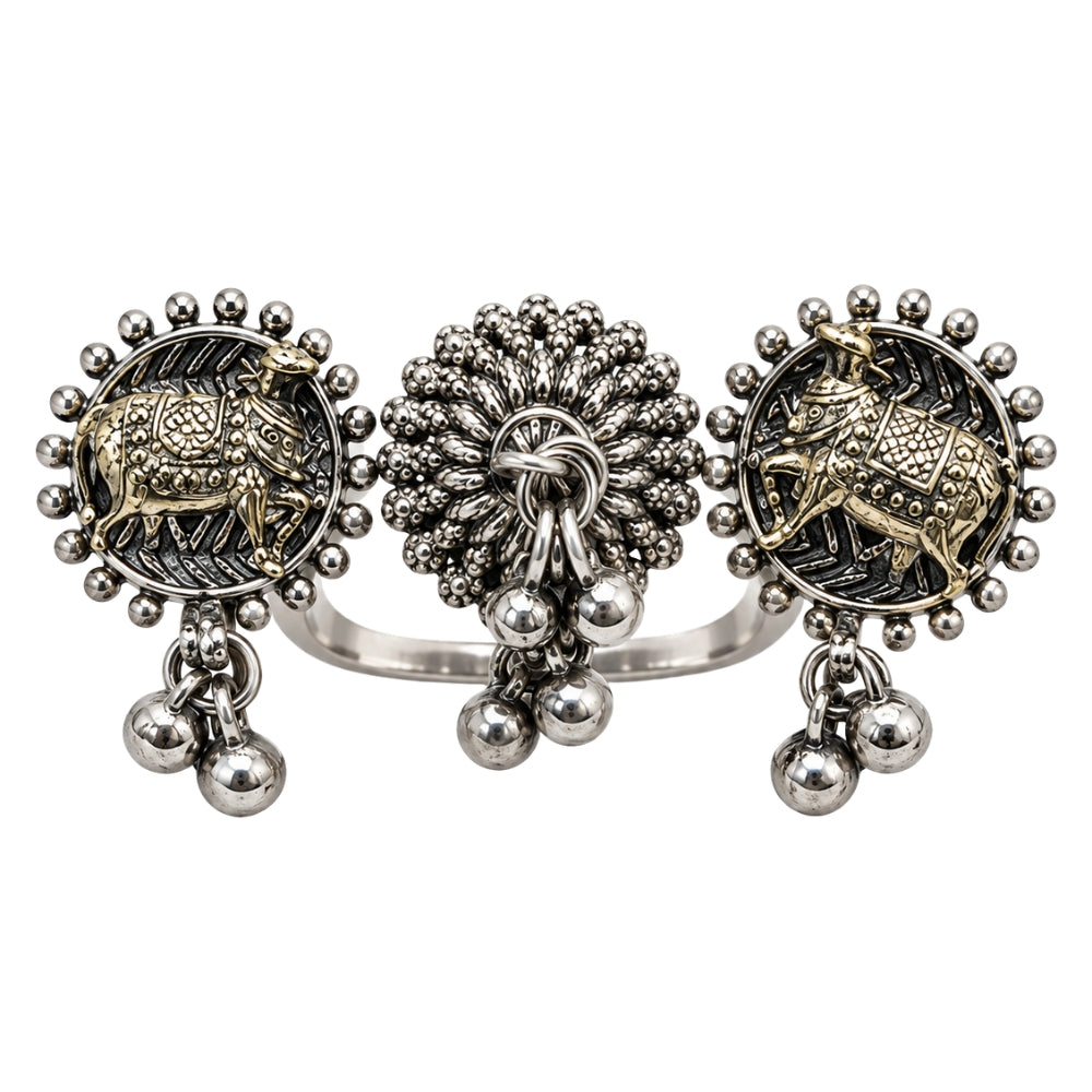 Nihar- Oxidised Silver Dual-Tone Cow Statement Ring for Women
