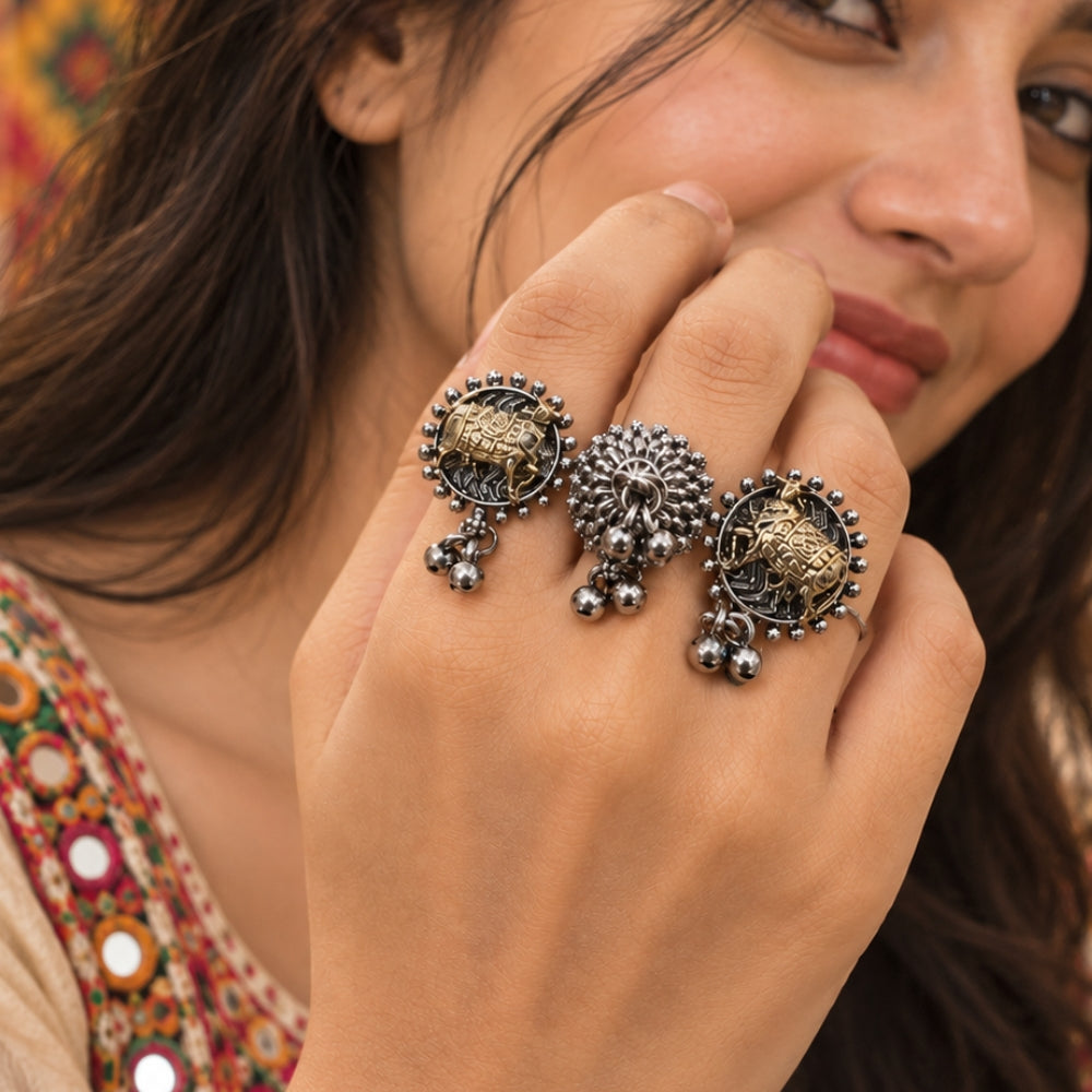 Nihar- Oxidised Silver Dual-Tone Cow Statement Ring for Women