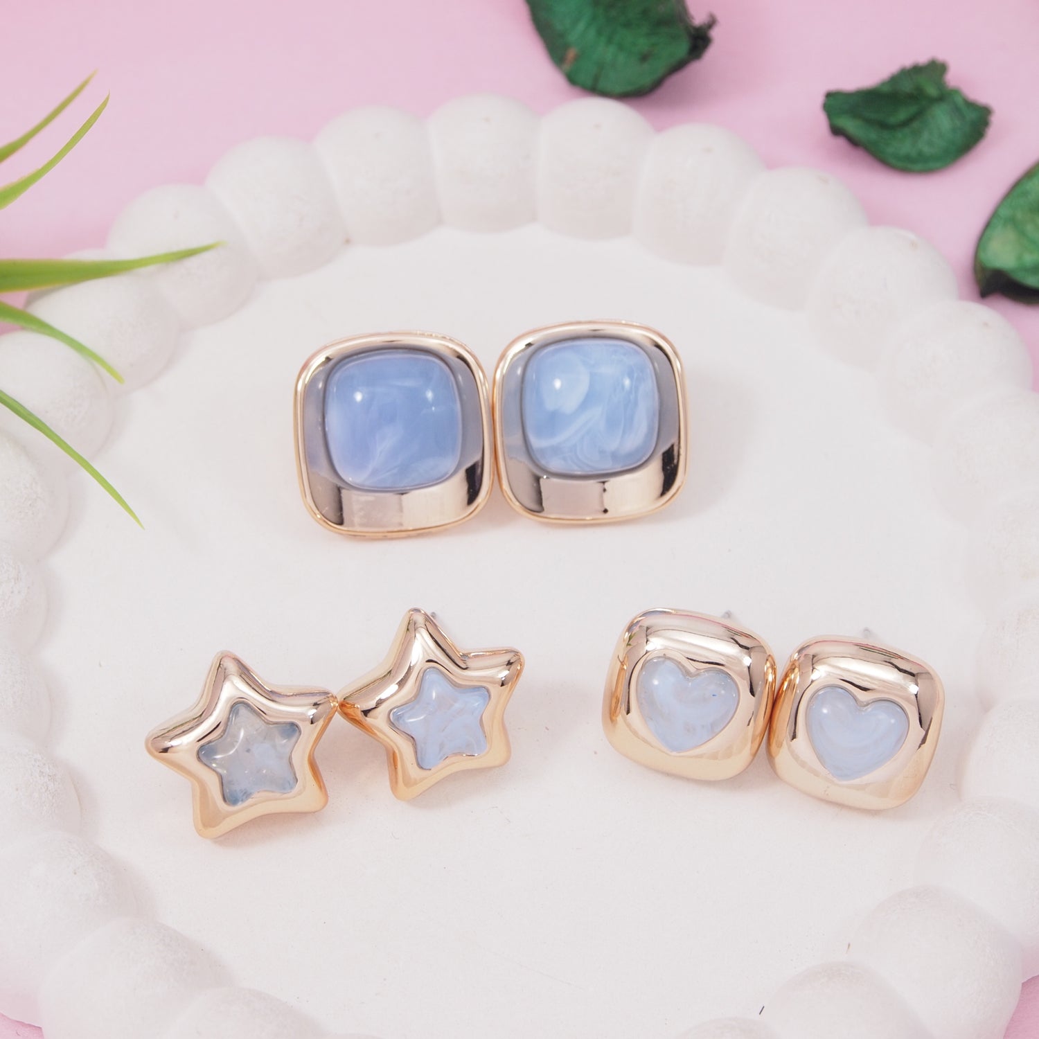 Blue Bliss earring set with blue enamel heart, star, and square-shaped gold-toned stud earrings