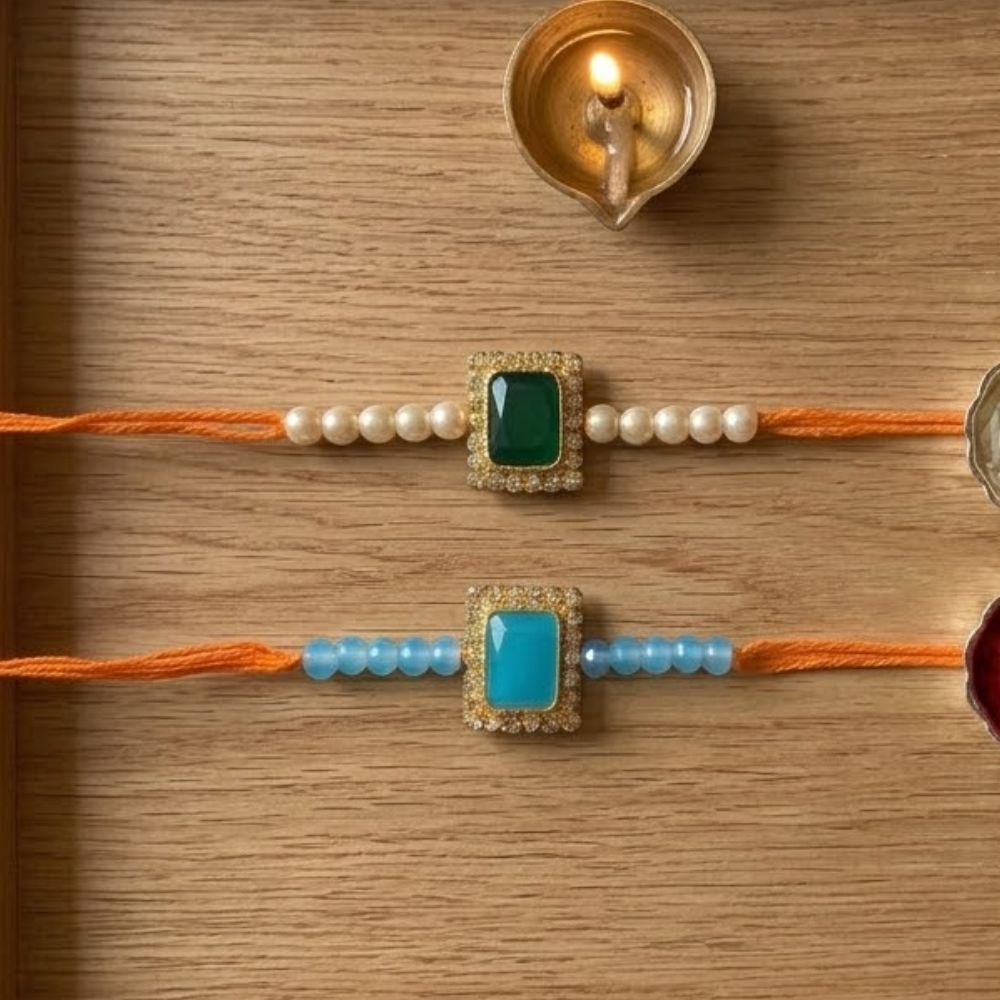 18k Gold Plated Stone Pearl Beaded Combo Rakhi with roli chawal for Brother/ Bhaiya (Pack of 2)