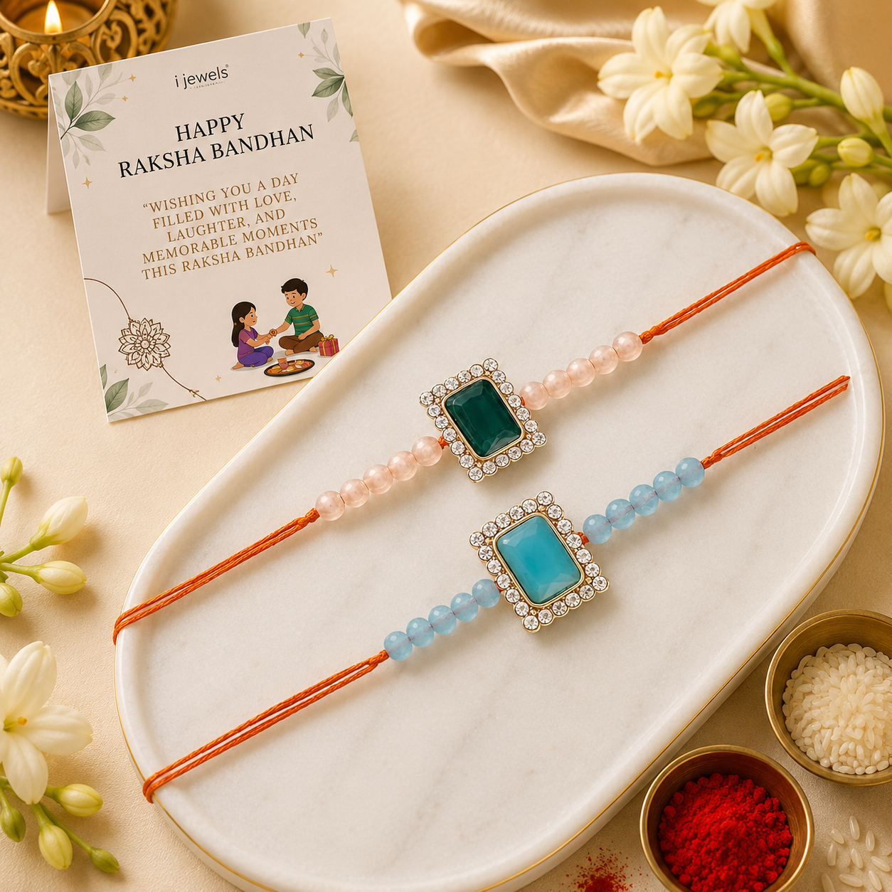 18k Gold Plated Stone Pearl Beaded Combo Rakhi with roli chawal for Brother/ Bhaiya (Pack of 2)