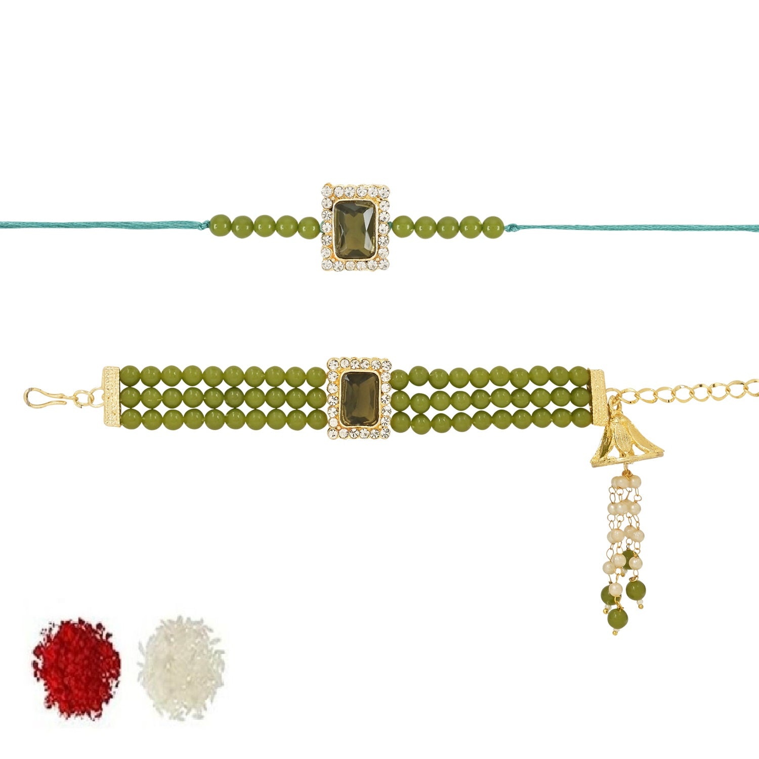 Elegant Bhaiya Bhabhi Lumba & Pearl Rakhi With Roli Chawal & Card