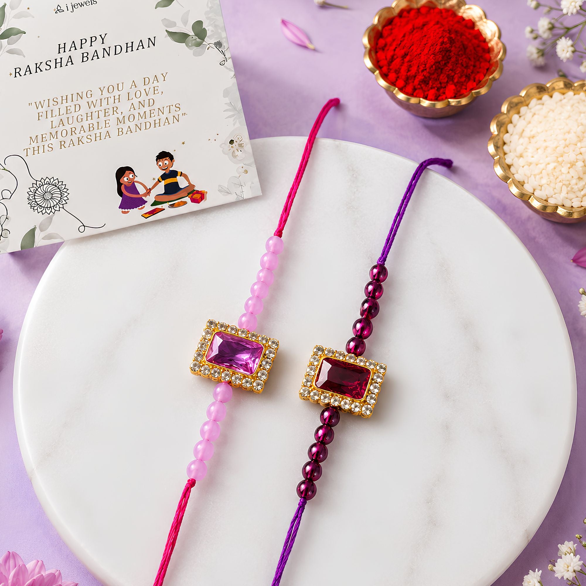 Beautiful Pearl Beads Rakhi with Roli Chawal & Card (Pack of 2)