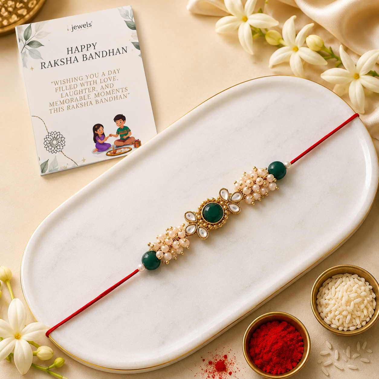 Beads Pearls And CZ Rakhi with Roli chawal