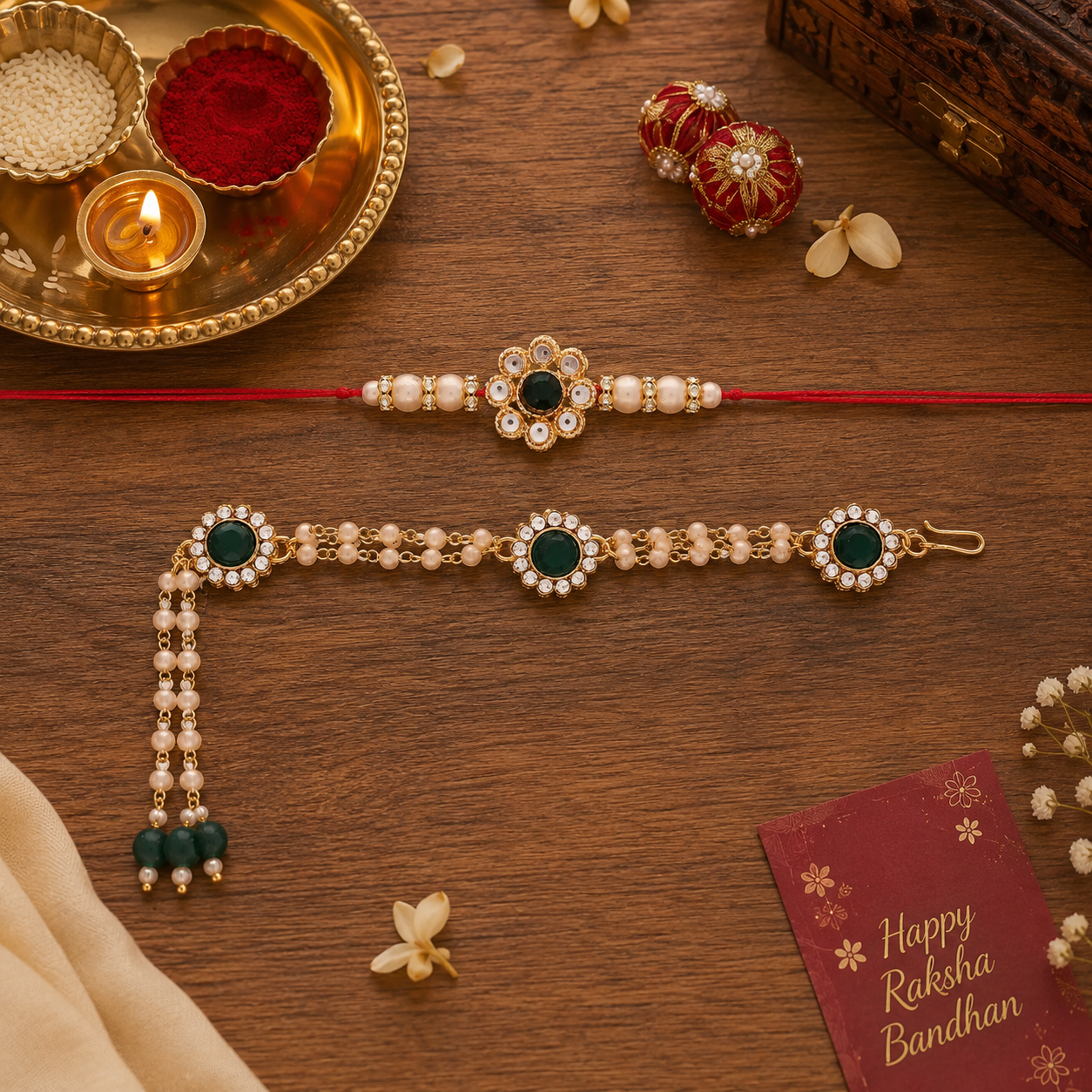 Antique Pearl Bhaiya Bhabhi Lumba Rakhi With Roli Chawal