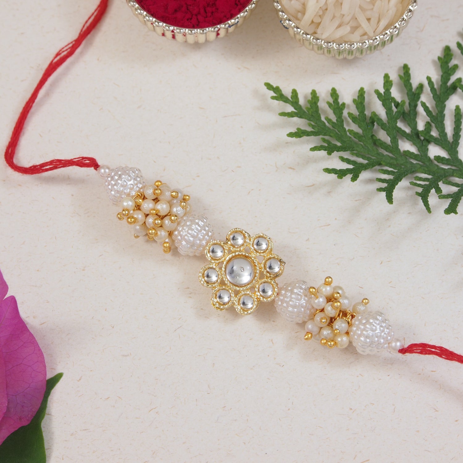 Gold Plated Ethnic Designer Pearl Kundan Rakhi Bracelet for Brother/Men