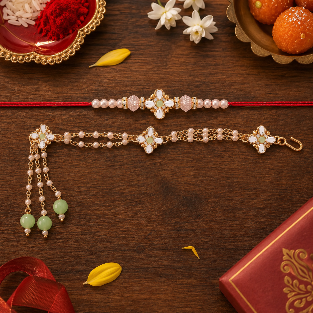 Designer Bhaiya Bhabhi Hanging Lumba & Rakhi Combo Set