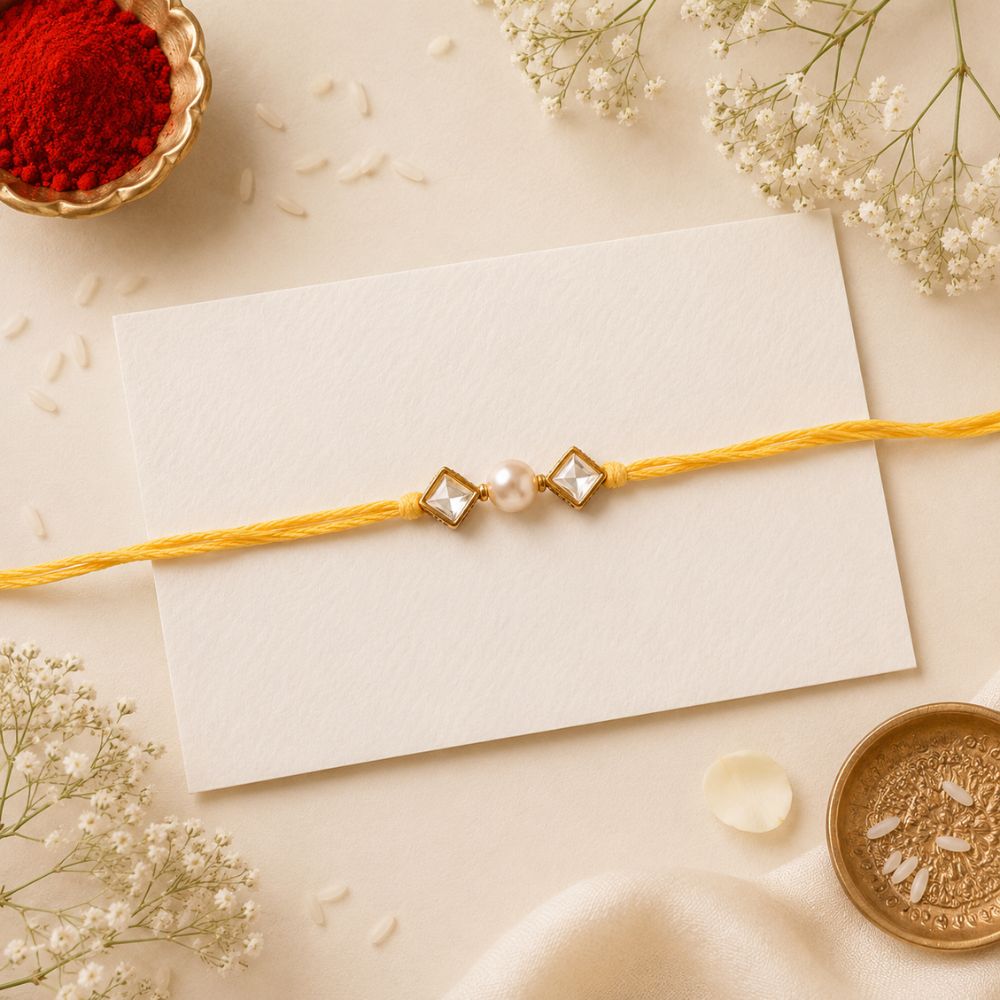 Gold Plated Pearl Stone Beaded Rakhi Bracelet for Brother/Men