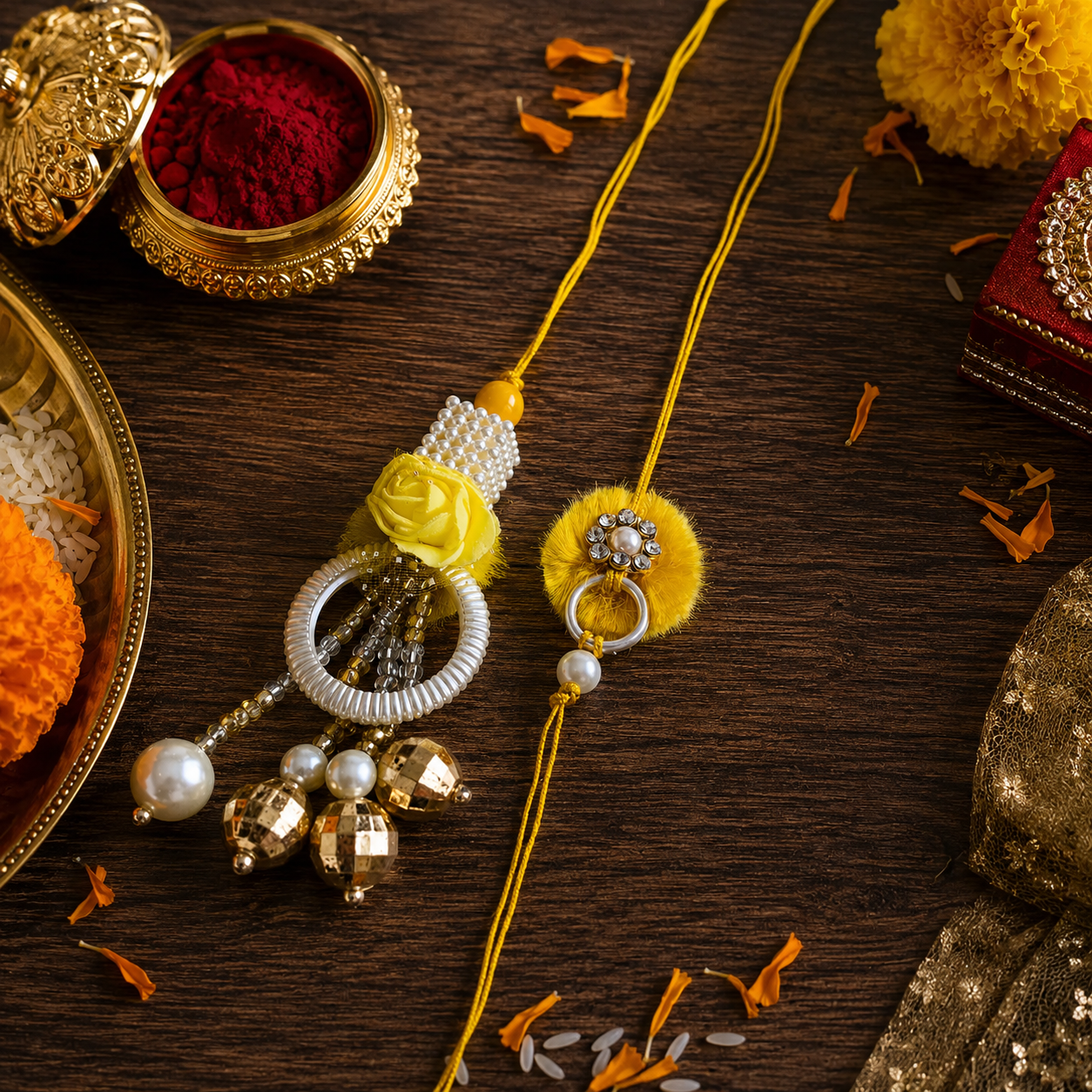 Yellow Pearl Bead Bhaiya Bhabhi Rakhi With Roli chawal