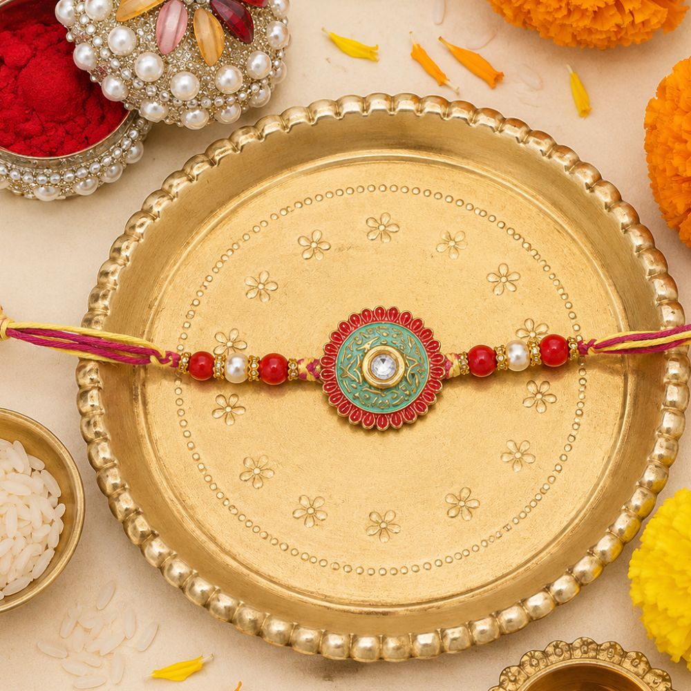 Gold Plated Meenakari Pearl Rakhi Bracelet for Brother/Men
