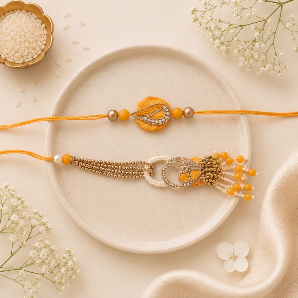 Yellow Pearl Bead Bhaiya Bhabhi Rakhi With Roli Chawal