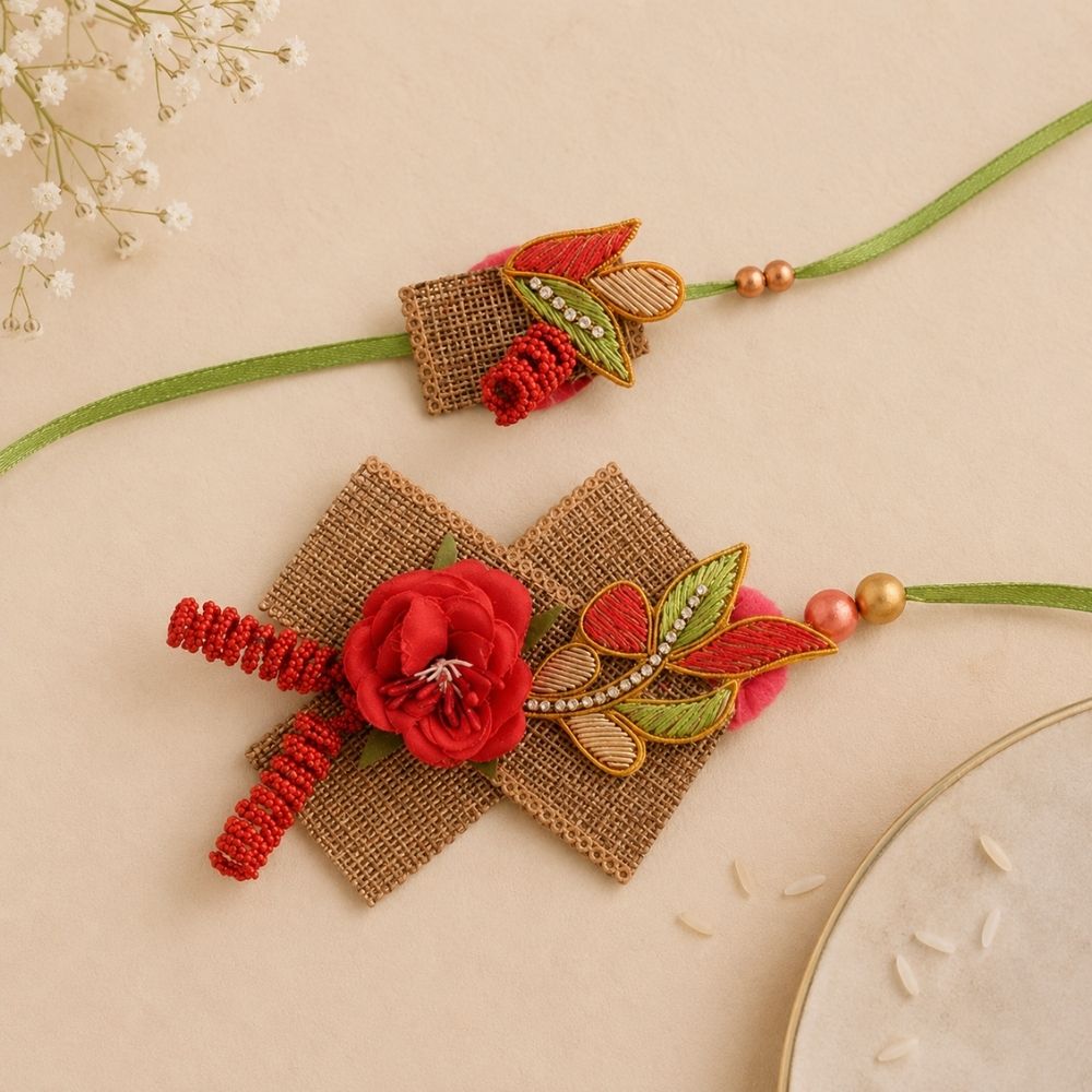 Red Green Pearl Flower Shaped Bhaiya Bhabhi Rakhi With Roli Chawal