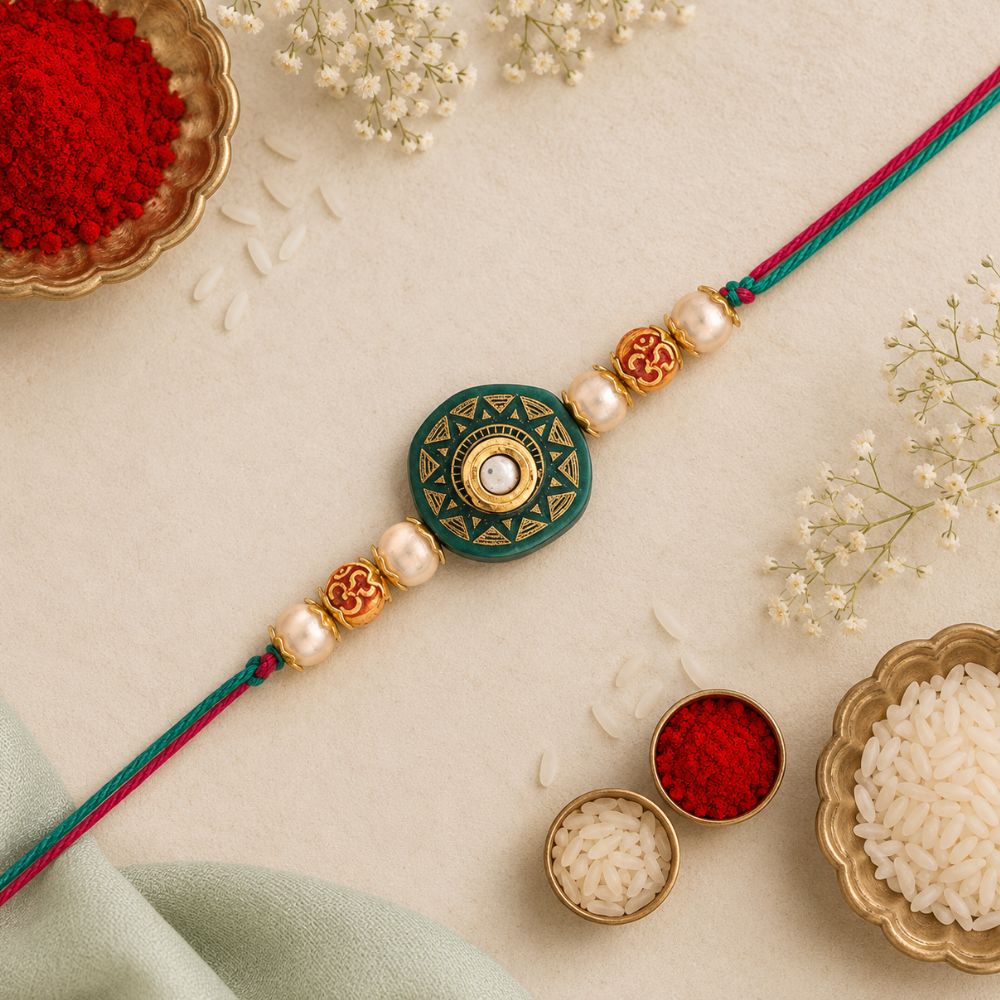 Gold Plated Ethnic Designer Pearl Kundan Rakhi Bracelet for Brother/Men