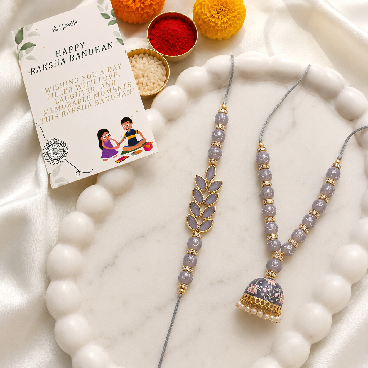 Designer Bhaiya Bhabhi Hanging Lumba & Rakhi Combo Set