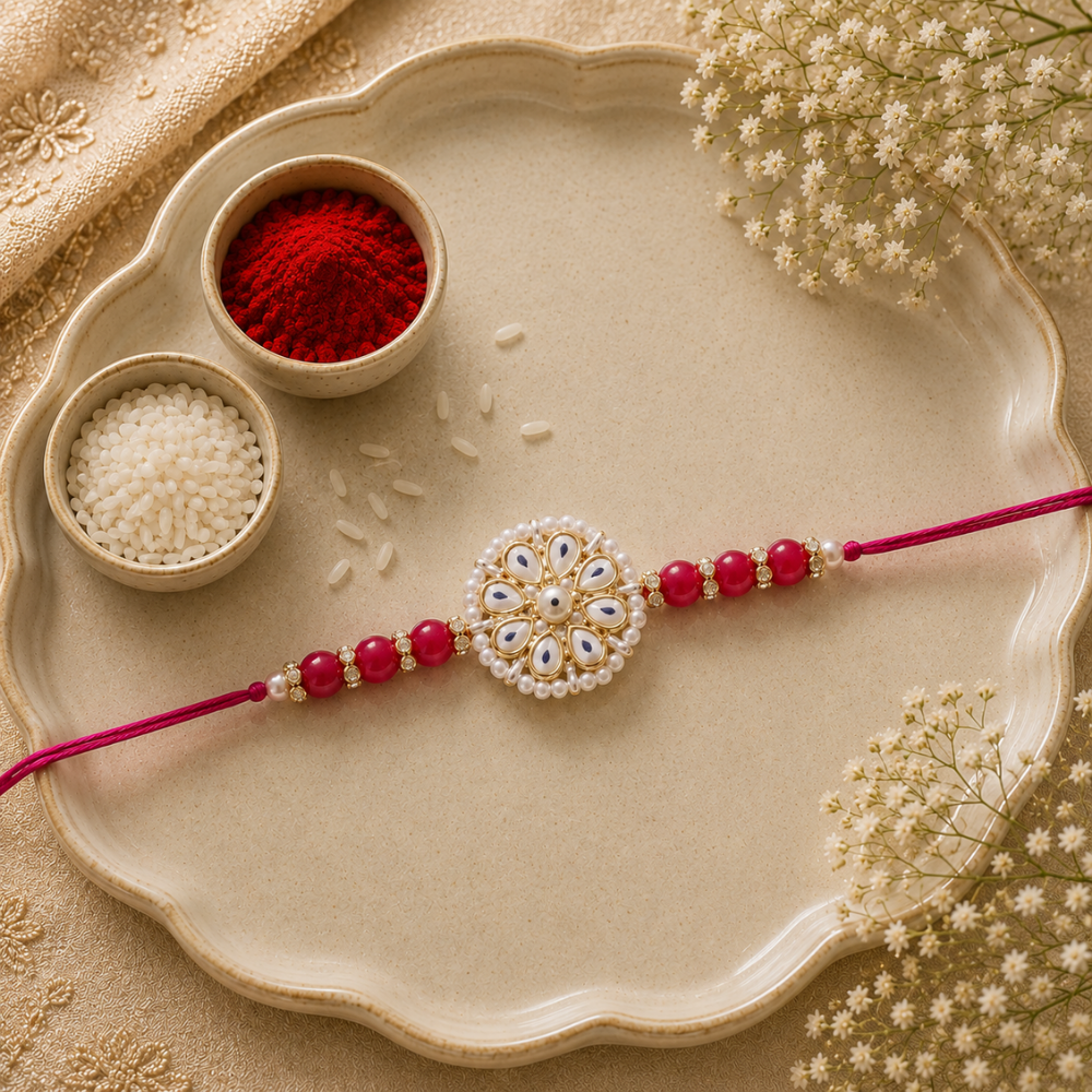 Designer Pearl Beads Studded Rakhi Bracelet for Brother/ Bhaiya