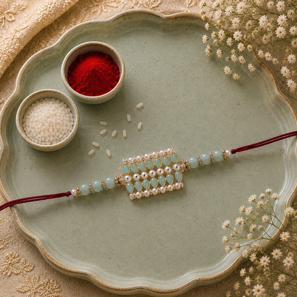 Designer Pearl Beads Studded Rakhi Bracelet for Brother/ Bhaiya
