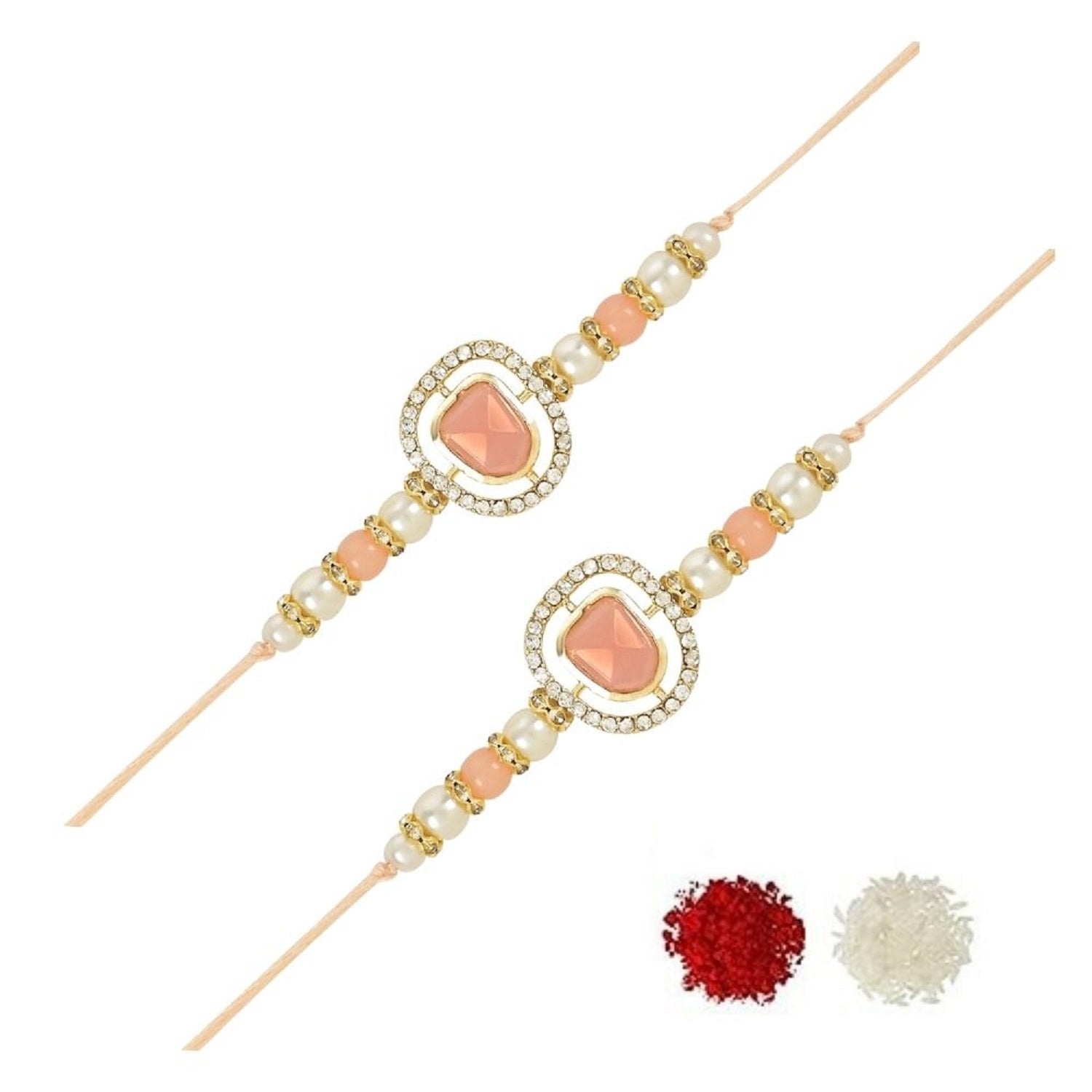 Dazzling Pearl Kundan Stone Rakhi with Roli Chawal & Card (Pack of 2)