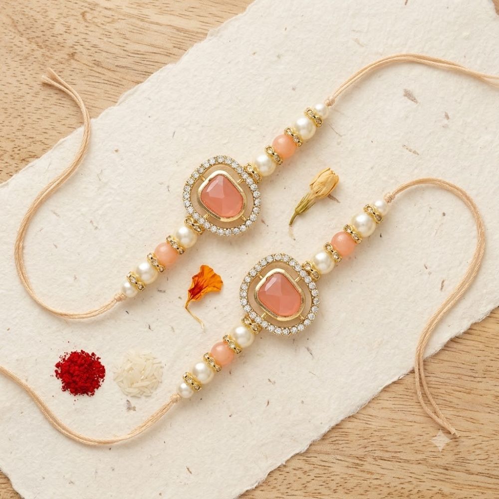 Dazzling Pearl Kundan Stone Rakhi with Roli Chawal & Card (Pack of 2)
