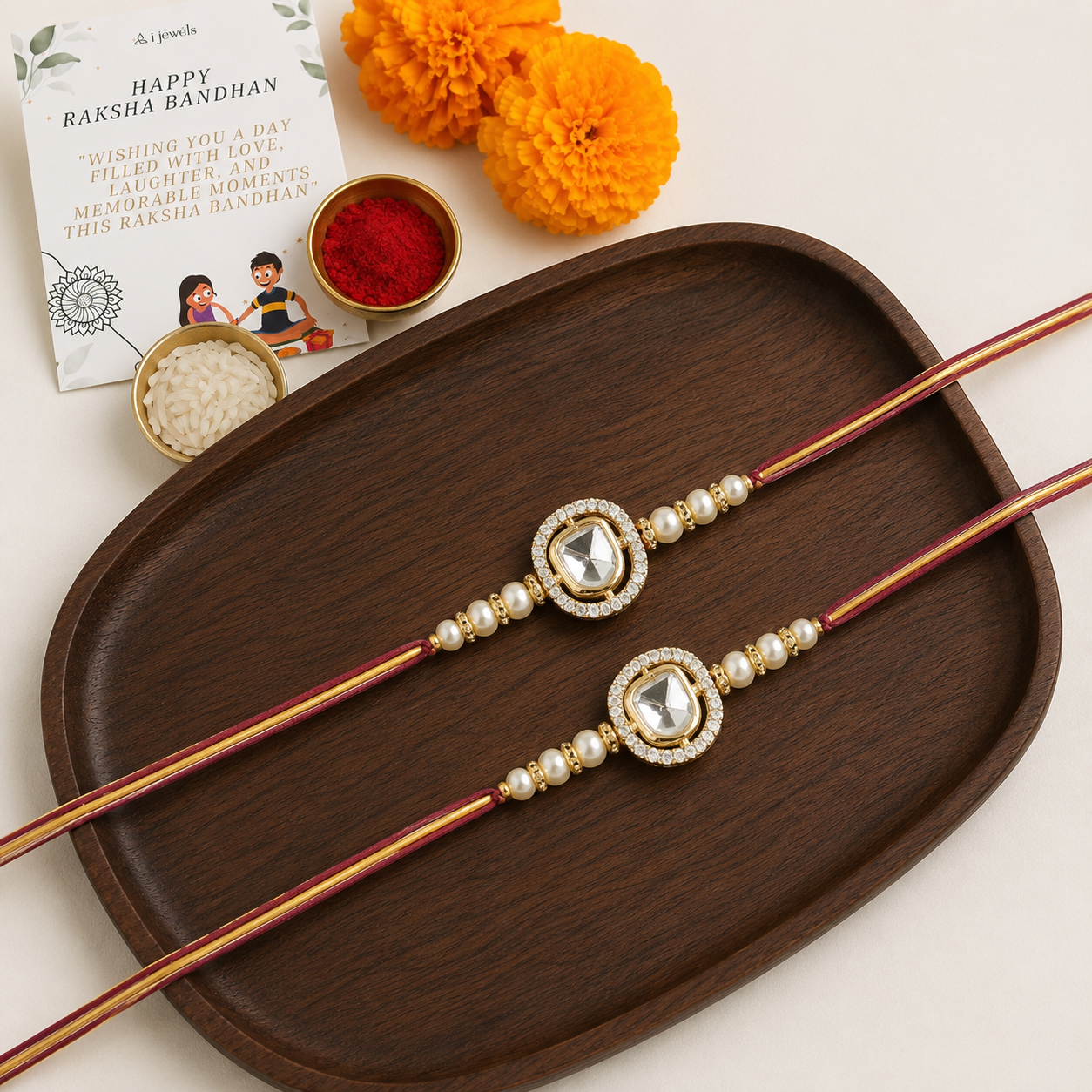 Dazzling Pearl Kundan Stone Rakhi with Roli Chawal & Card (Pack of 2)