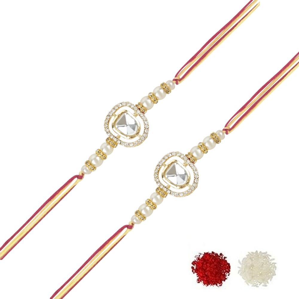 Dazzling Pearl Kundan Stone Rakhi with Roli Chawal & Card (Pack of 2)