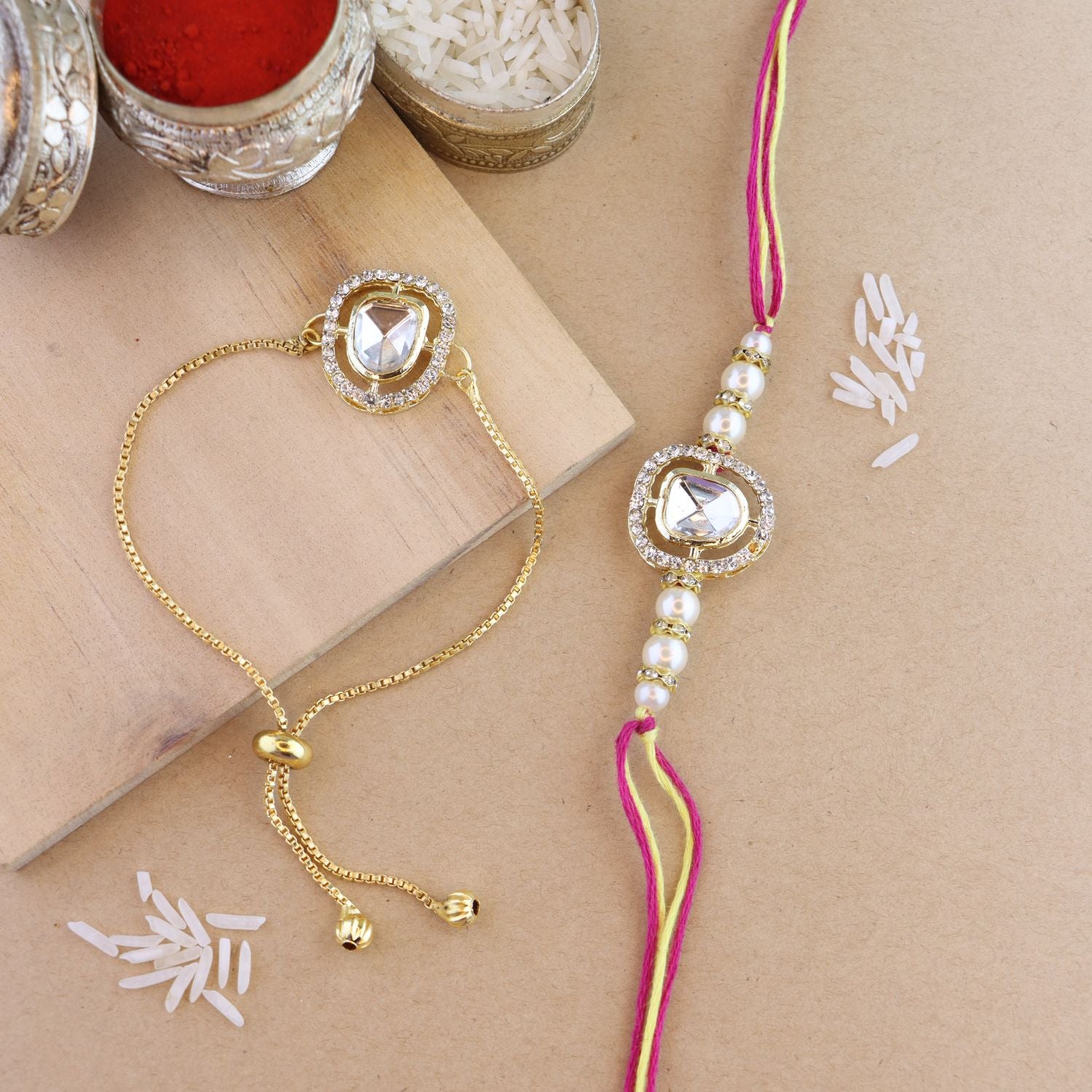 Designer Bhaiya Bhabhi Hanging Lumba & Rakhi Combo Set