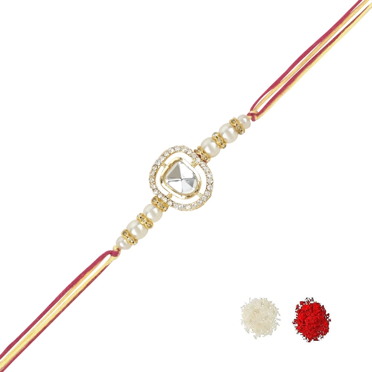 Dazzling Pearl Kundan Stone Rakhi with Roli Chawal & Card