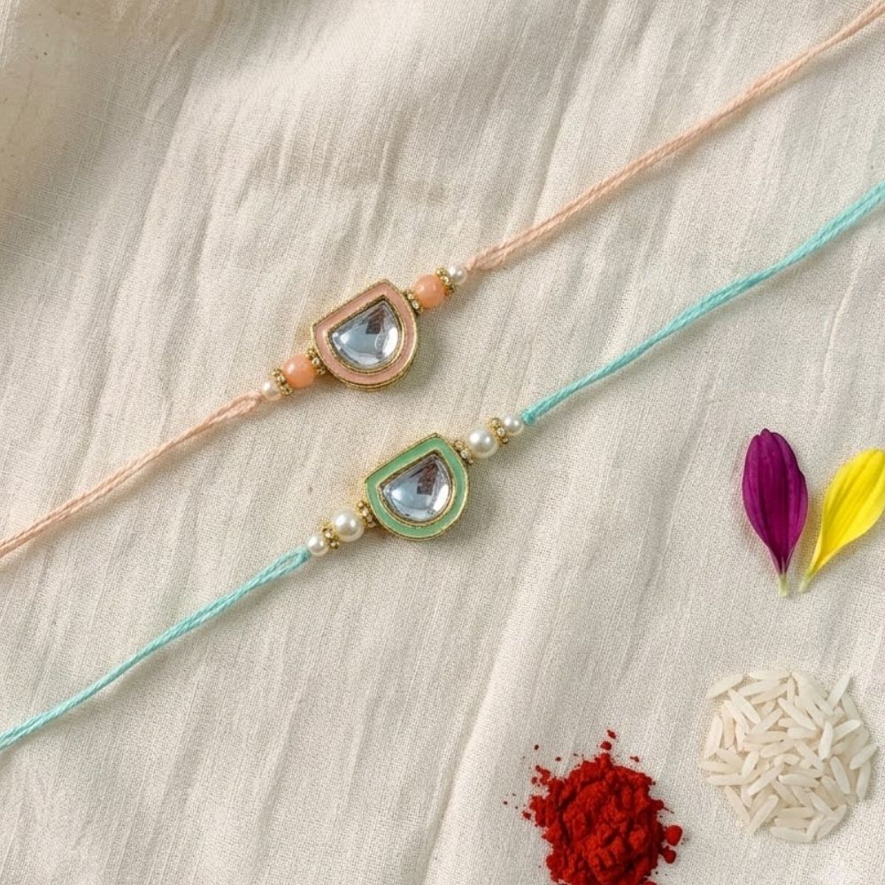 Dazzling Pearl Kundan Stone Rakhi with Roli Chawal & Card (Pack of 2)