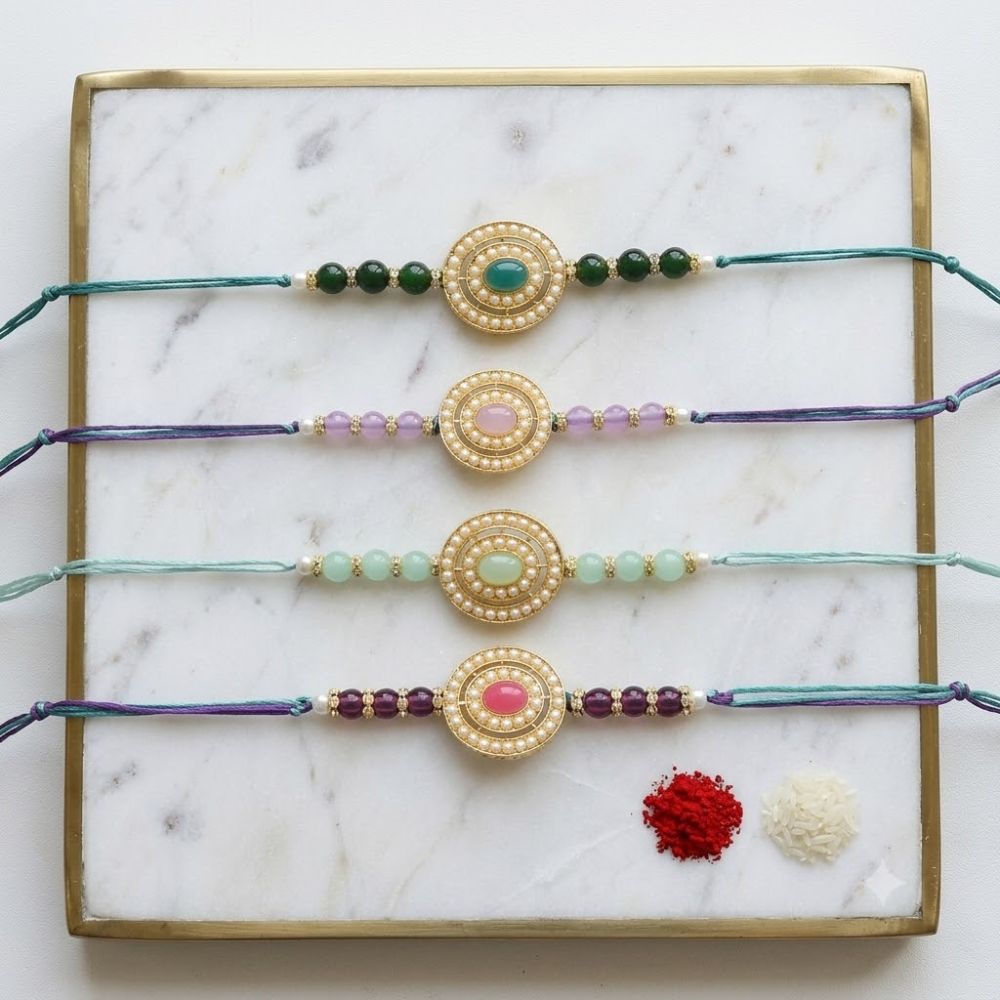 Beautiful Pearl Beads Rakhi with Roli Chawal & Card (Pack of 4)