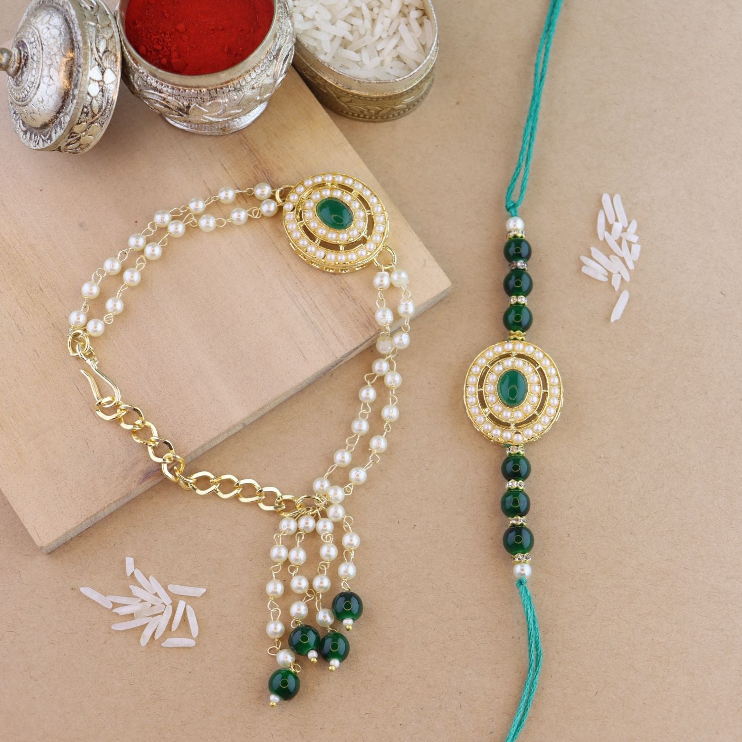 Elegant Bhaiya Bhabhi Lumba & Pearl Rakhi With Roli Chawal & Card