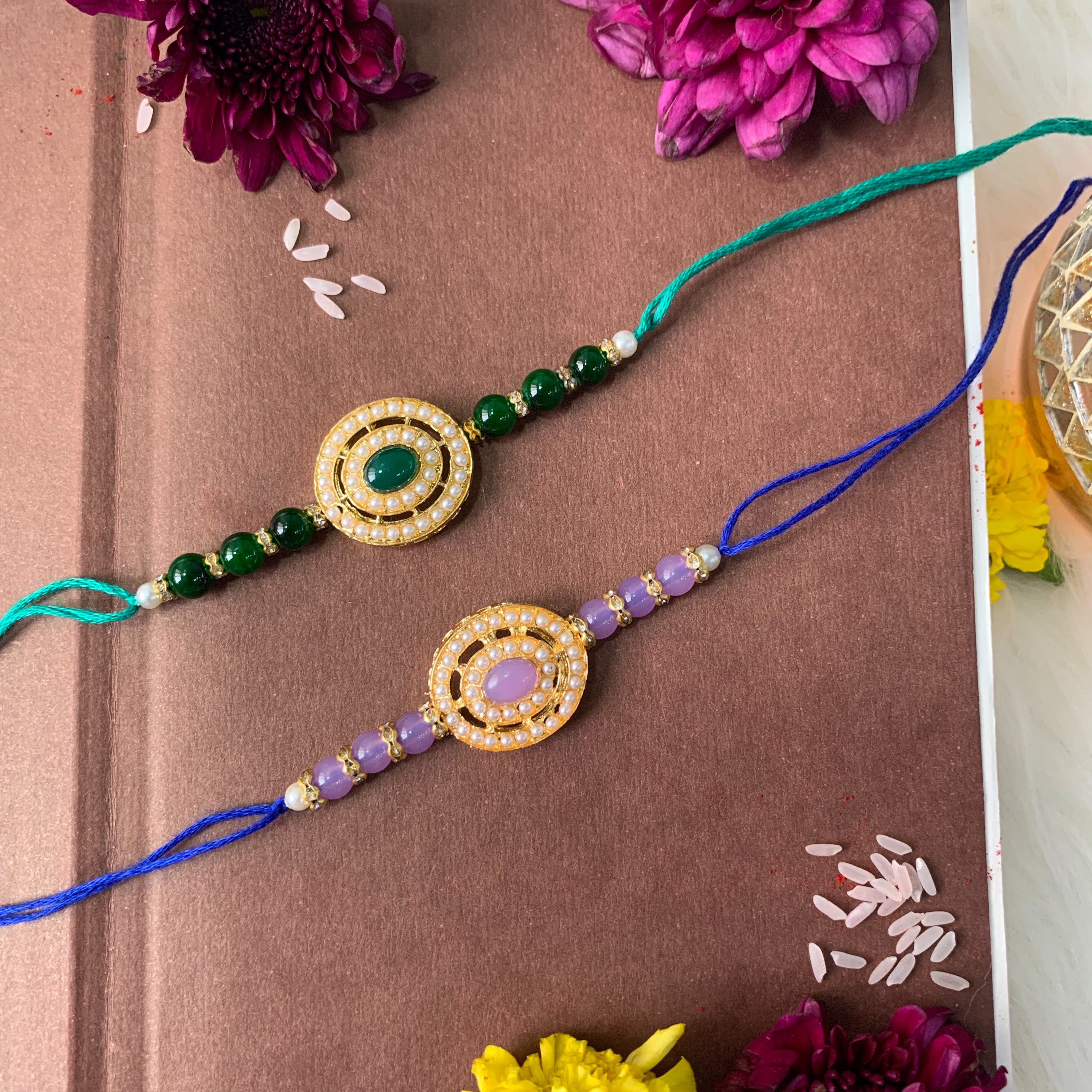 Beautiful Pearl Beads Rakhi with Roli Chawal & Card (Pack of 2)
