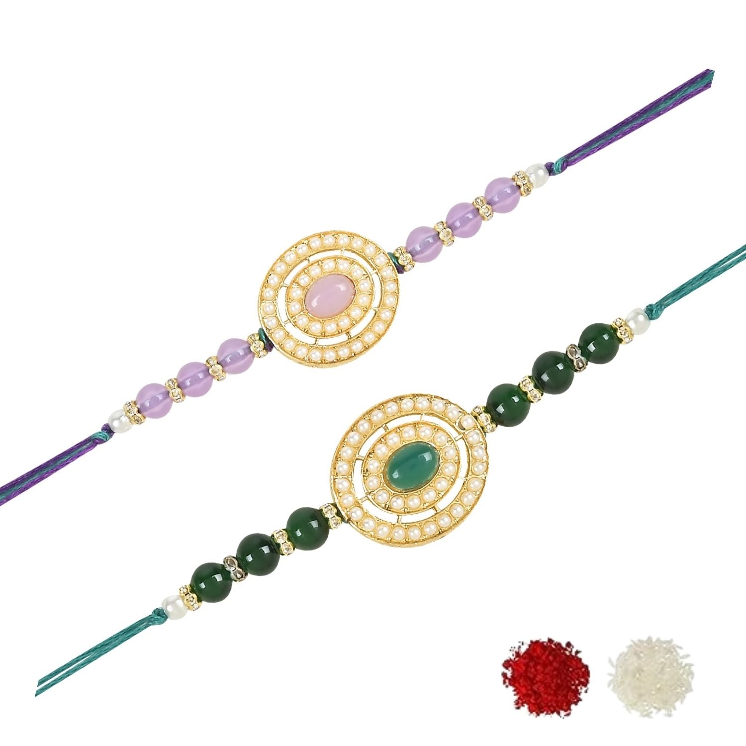 Beautiful Pearl Beads Rakhi with Roli Chawal & Card (Pack of 2)