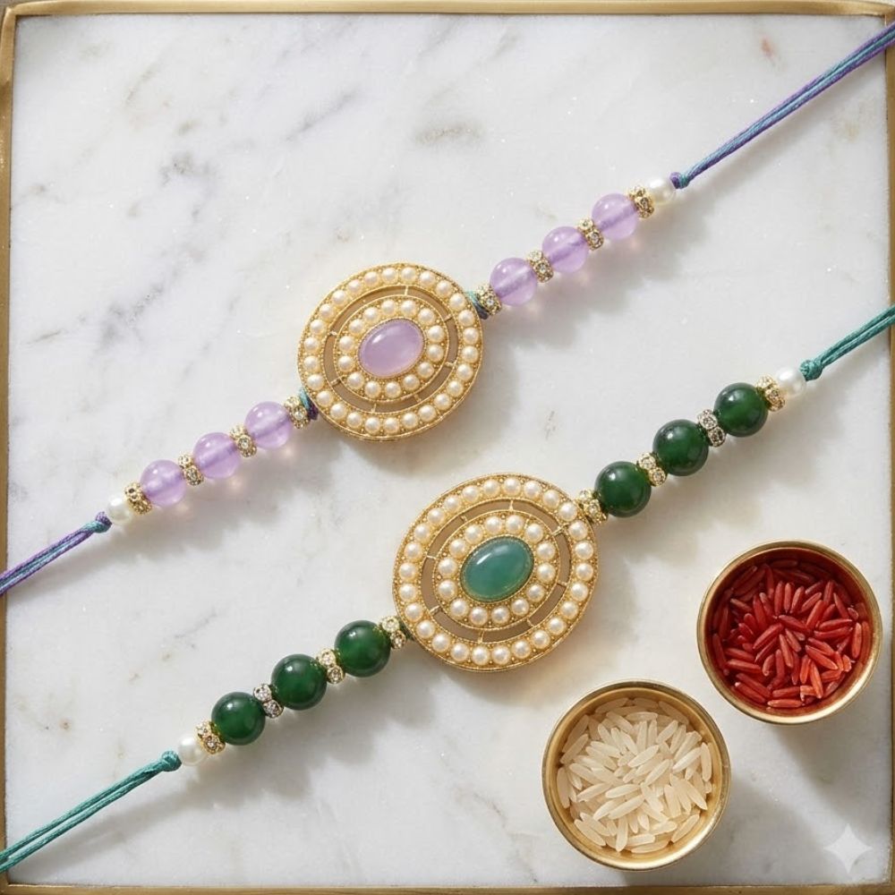Beautiful Pearl Beads Rakhi with Roli Chawal & Card (Pack of 2)