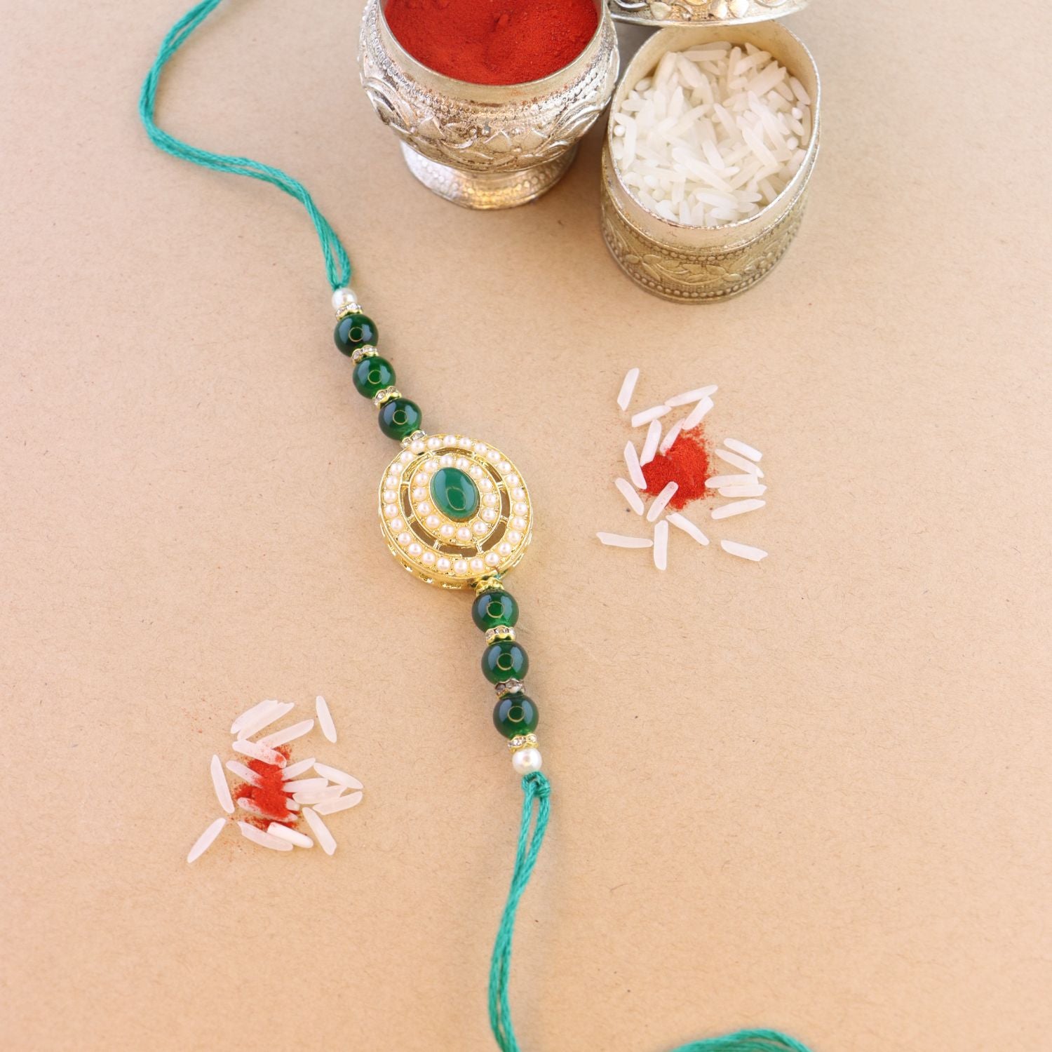 Beautiful Pearl Beads Rakhi with Roli Chawal & Card