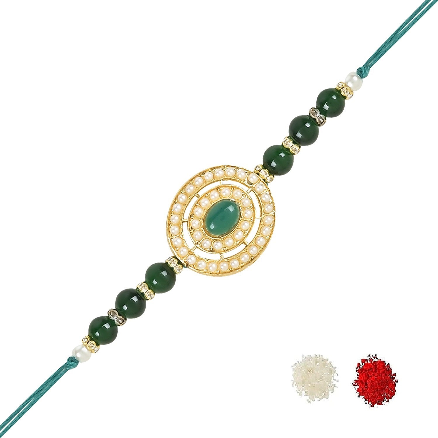 Beautiful Pearl Beads Rakhi with Roli Chawal & Card