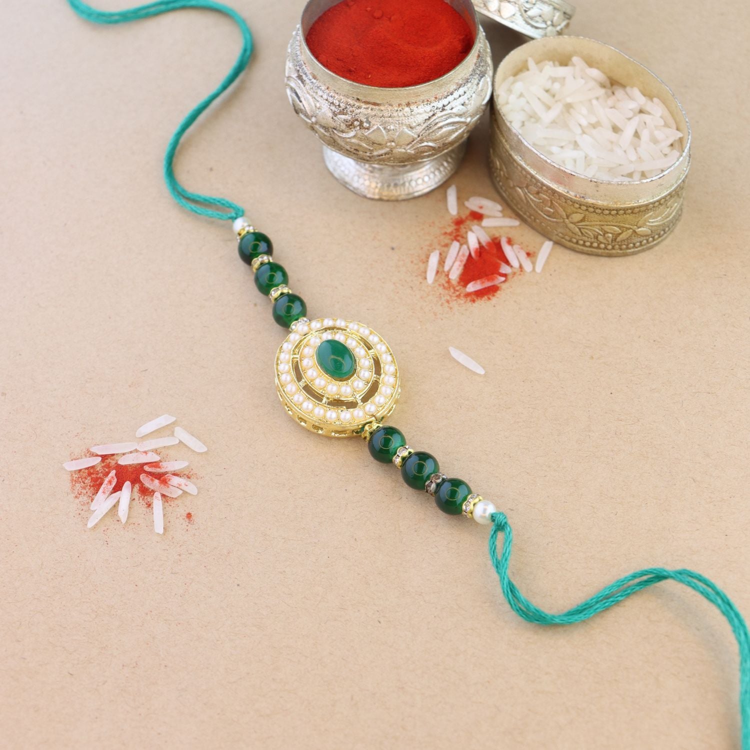 Beautiful Pearl Beads Rakhi with Roli Chawal & Card