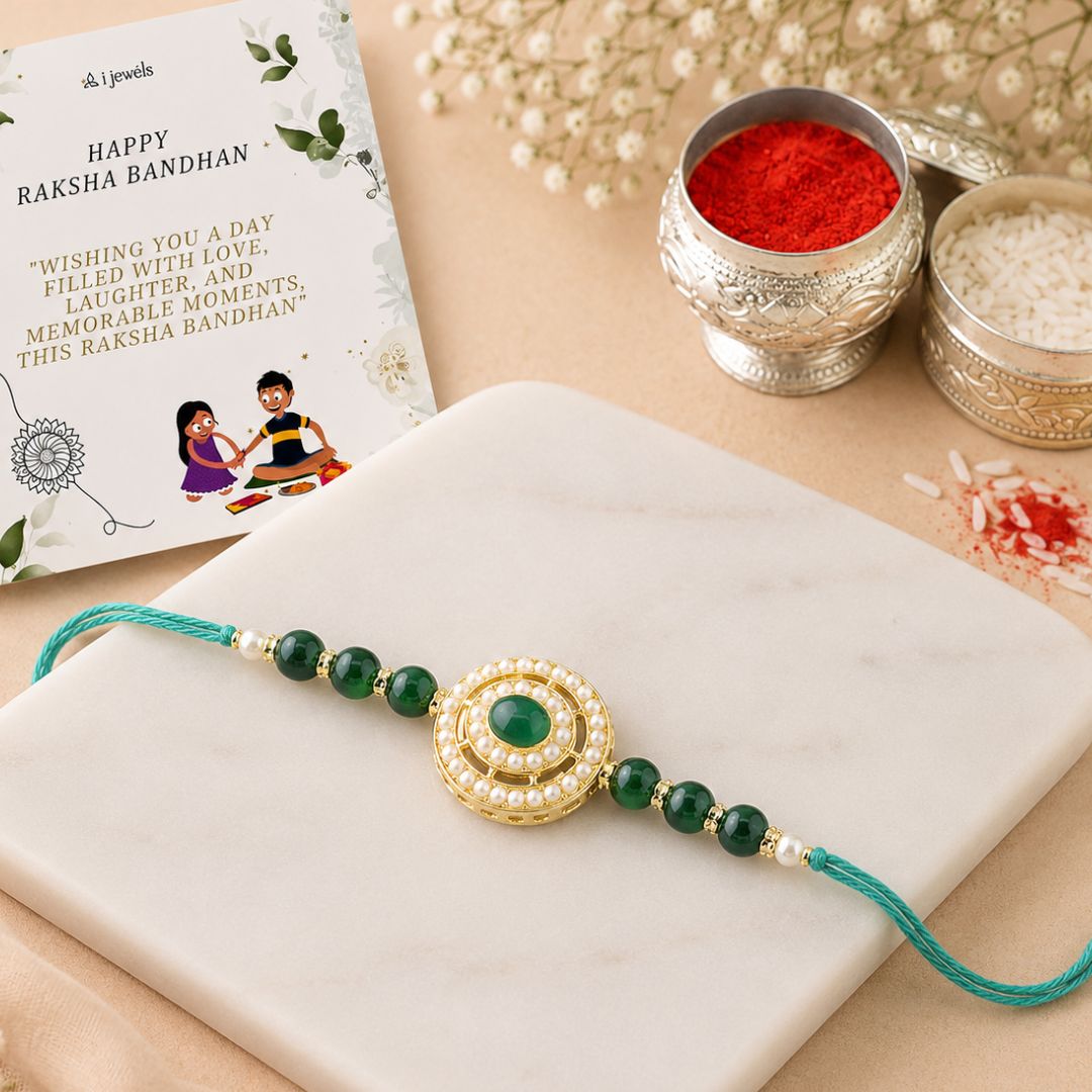Beautiful Pearl Beads Rakhi with Roli Chawal & Card